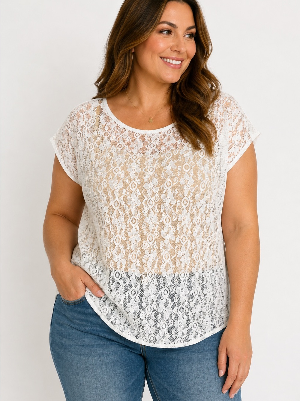 Stylus Womens XL Floral Cotton/Nylon Lace See Thru Top Blouse White No Flaws GUC